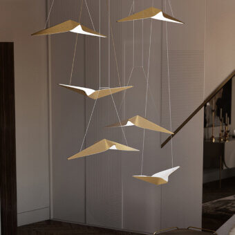 Superior Bizzotto Italia Noshi suspension lamp with geometrically shaped lighting elements crafted in warm golden recyclable aluminum