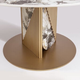 Exceptional Bizzotto Italia Pirouette table crafted in swirling white, grey, and black marble with gold-toned tubular profiles