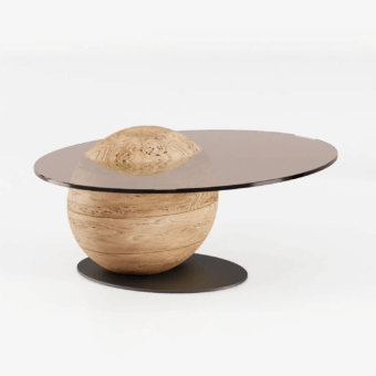 Distinguished Bizzotto Italia Pluff coffee table with reclaimed burl wood base and subtly tinted glass surface