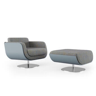 Exceptional Bizzotto Italia Plume swivel lounge chair with light bluish-gray leather and glossy chrome base in Azzurro Nordico finish