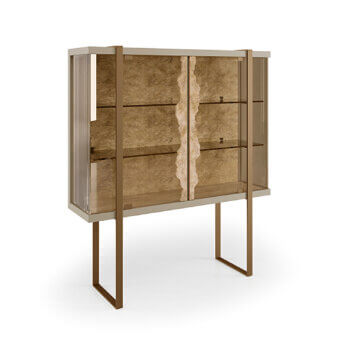 Distinguished Bizzotto Italia Sidney D'or cupboard with light beige wood and bronze-tinted glass doors offering sophisticated storage
