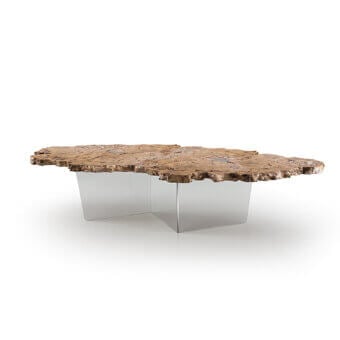 Exclusive Bizzotto Italia Sidney Icon table with organically shaped briar tabletop and zigzag clear glass base finished in non-toxic paints