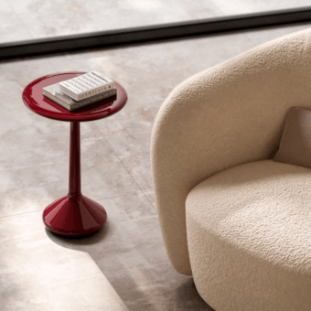 Elegant CPRN Homood Eda side table crafted in deep red lacquered wood with a glossy finish