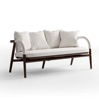 Sophisticated CPRN Homood Jiselle sofa with light fabrics, patterned cushions and a dark matte solid wood frame built with leather inserts