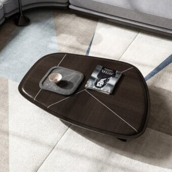 Distinguished CPRN Homood Kigali coffee table with irregular shaped lacquered wood top and dark inlaid geometric lines