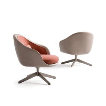 Elegant CPRN Homood Lucille lounge chair upholstered in coral-peach textured textile with a muted taupe shell and metal base