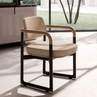 Elegant CPRN Homood Maiori armchair in light brown woven fabric with a smooth solid wood frame and matte dark metal base