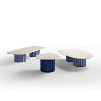 Superior CPRN Homood Pablito coffee table with light marble top and dark blue lacquered base crafted in Italy