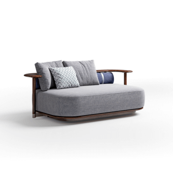 Superior CPRN Homood Pedro sofa crafted in Italy with soft gray premium fabric and dark stained wood frame