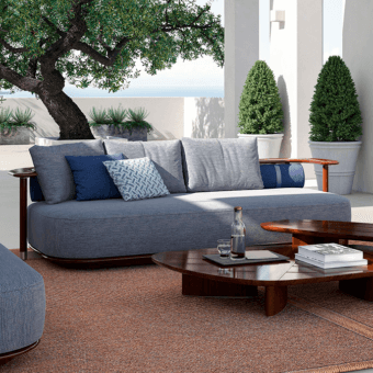 Superior CPRN Homood Pedro sofa crafted in Italy with heathered blue-gray fabric and dark brown stained wooden frame