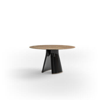Distinctive CPRN Homood Talos coffee table with warm tan marble and glossy dark lacquered wood pedestal base
