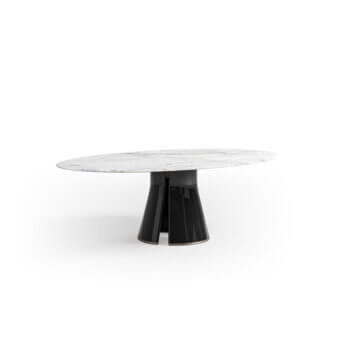 Superior CPRN Homood Talos table with premium marble top and glossy black lacquered wooden legs showcasing bronze metallic trim