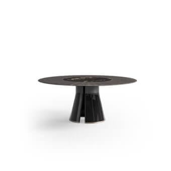 Distinguished CPRN Homood Talos round table with dark brown and grey marble top and glossy black lacquered wooden legs