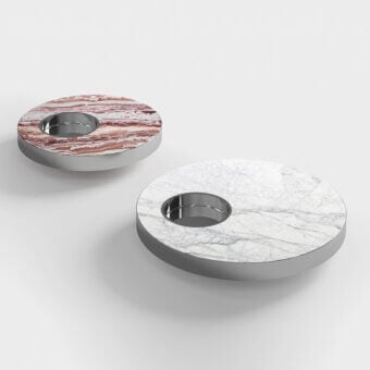 Captivating CPRN Homood Willy coffee table with circular white marble and gray veining in a shiny steel frame