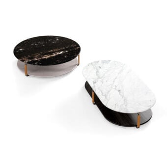 Exceptional CPRN Homood York coffee table with dark marble top, light brown metal legs crafted with leather inserts and premium wood tier