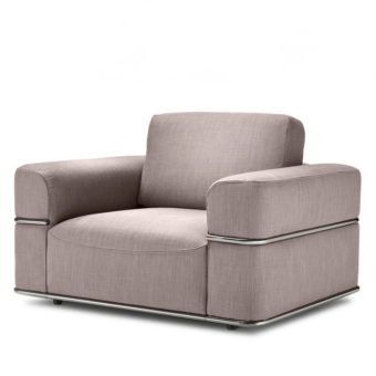 Superior 4 Mariani Twibe lounge chair with light brown textured textile and exposed metal tube structure crafted with fine stitching