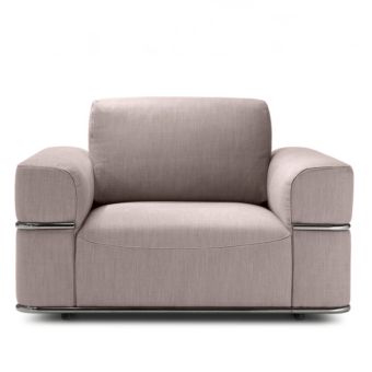 Distinguished 4 Mariani Twibe lounge chair with blocky geometric form and soft light brownish-gray textile material built with metal tubing