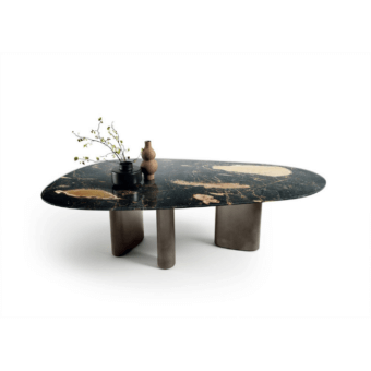 Lago hoa table, dark marble tabletop with gold veining, supported by three tapered dark gray metal legs, studio setting.