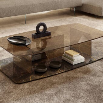 Distinguished Lago Layers coffee table with transparent glass surfaces and glossy marble-like patterned base in warm brown tones