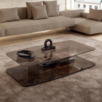 Lavish Lago Layers coffee table with two tiers of tinted glass and a marble-effect base with glossy finish