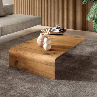 Exceptional Lago Lean coffee table with a hundred-year-old Wildwood top and barely-there tempered glass support crafted in Italy