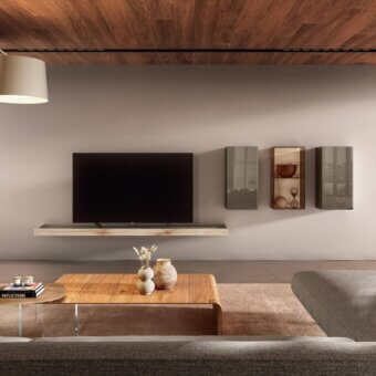 Distinguished Lago Lean coffee table with a medium brown Wildwood top and barely there tempered glass support in a matte finish