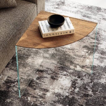 Exceptional Lago Snip side table with warm brown wood tabletop and elegant tempered-glass support in matte finish