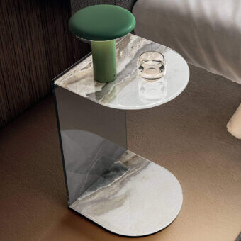 Lago Tell coffee table, grey marble, asymmetrical design with rounded surfaces and clear glass panel, dark metal frame.
