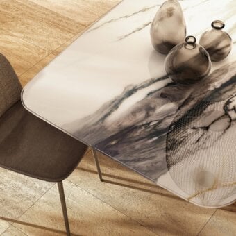 Superior Lago U shaped table with glossy white marble-effect top and slim metal legs fostering equilibrium