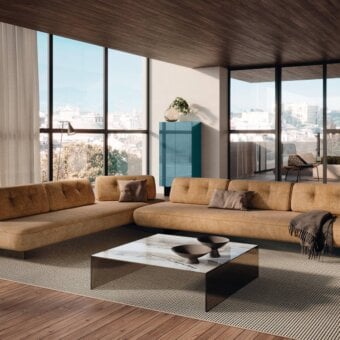 Distinguished Lago UpGlass coffee table with light grey and beige marble-pattern glass top and clear glass supports