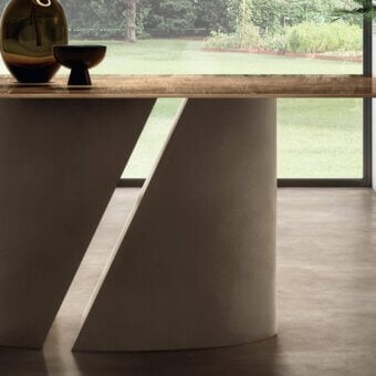 Captivating Lago Wadi rectangular table with a smooth sealed Wildwood tabletop and neutral grey diagonally cut base