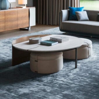 Distinguished OAK Central coffee table with welcoming circular shape and marble walnut wood tabletop crafted with rounded leather ottomans
