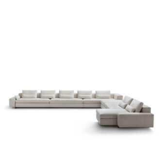 Distinguished OAK Concerto sectional with light beige textile upholstery and metallic aluminum feet construction