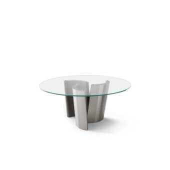 Distinguished OAK Madison table with a light grey glass tabletop and swirling glossy pillars built for a subtle chromatic contrast