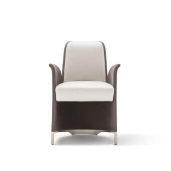 Sophisticated OAK Manhattan armchair with bronzed painted metal and light cream taupe textile upholstery crafted with tailored stitching