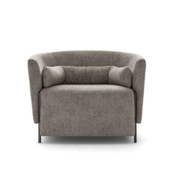 Distinguished OAK Melodia lounge chair upholstered in textured gray fabric with sleek dark metal feet and detachable lumbar support