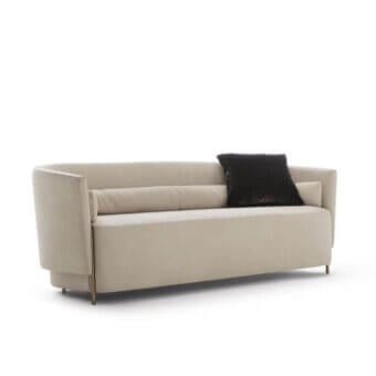 Sophisticated OAK Melodia sofa with curved silhouette upholstered in light beige fabric and smooth matte finish