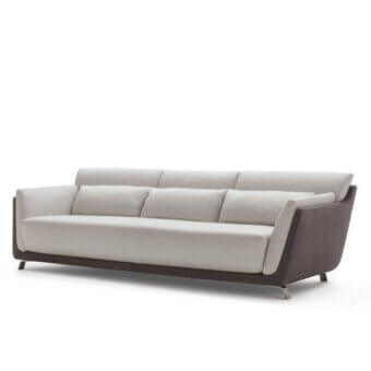 Exceptional OAK Moma sofa with light gray textile upholstery and dark brown synthetic armrests and base trim