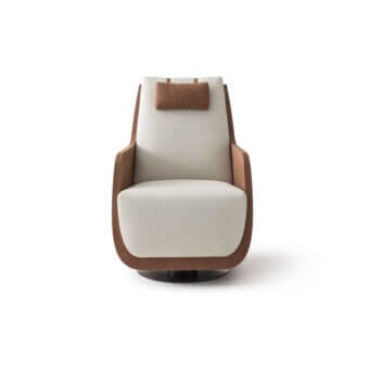 Distinguished OAK New York lounge chair upholstered in off-white textile with a matte finish and smooth medium brown frame with rotating base