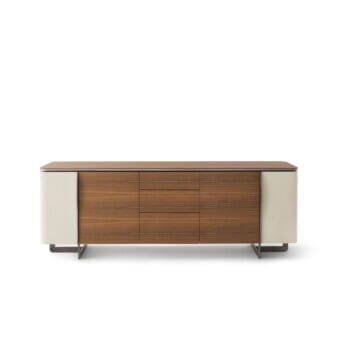 Captivating OAK Noho sideboard with walnut wood and cream nubuck leather doors, built with a dark black chrome metal base