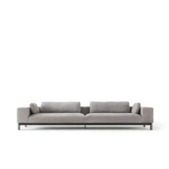 Superior OAK Opera sofa with smooth gray textile upholstery and dark toned metal framework with bolster pillows