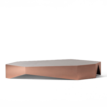 Superior OAK Queens coffee table with polished copper galvanic steel base and Bianco Michelangelo marble surface