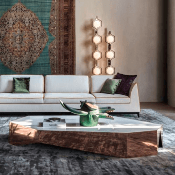Exceptional OAK Queens coffee table with Bianco Michelangelo marble top and polished copper galvanic steel base