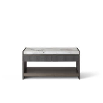 Superior OAK Ritornello sideboard with white marble and dark grey leather drawers, built in gray eucalyptus wood