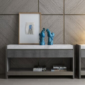 Exceptional OAK Ritornello sideboard with smooth wood finish, white marble top and gray leather drawers in gray eucalyptus