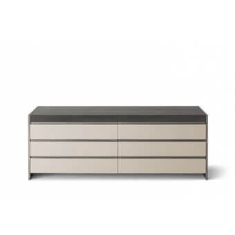 Distinguished OAK Ritornello sideboard with six leather-covered drawers set within a sleek wood structure and dark gray top