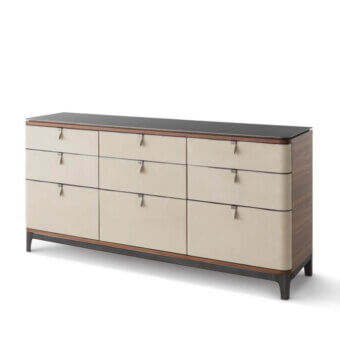 Exclusive OAK Saint Paul dresser with nine light cream leather drawers set within a darker wood-like frame and glossy top