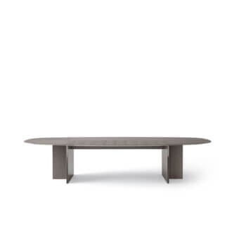 Superior OAK Sinfonia table crafted in wood with matte gray finish and vertical slit details on the base