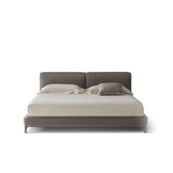 Distinguished OAK Tribeca bed with low profile design and matte medium gray textile upholstery resting on a black chrome painted wooden base