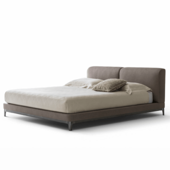 Distinguished OAK Tribeca bed with comfortable headboard and black chrome painted wooden base in muted brown-gray textile
